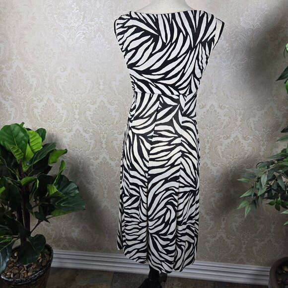 Evan Picone Dress Size 4 Black Cream Abstract Stripe A-Line Dress Faux Wrap Top - Picture 9 of 16